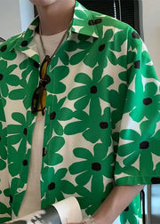 Boutique Green Peter Pan Collar Print Men Hawaiian Shirts Summer