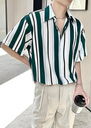 Boutique Green Peter Pan Collar Striped Chiffon Mens Shirt Summer