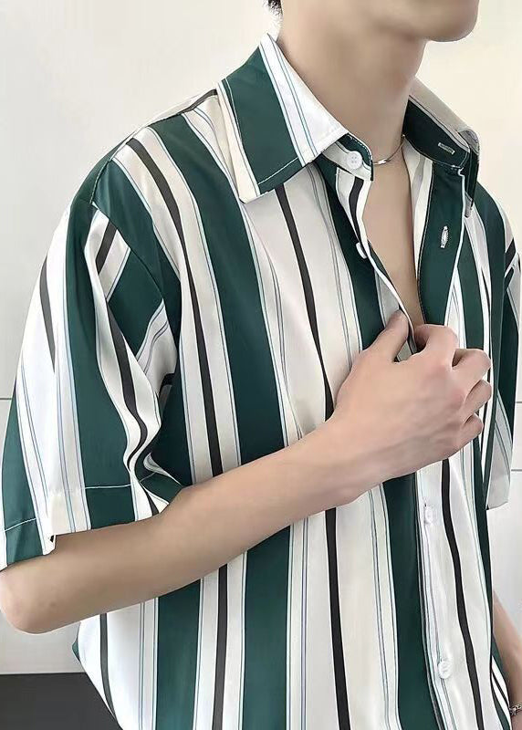 Boutique Green Peter Pan Collar Striped Chiffon Mens Shirt Summer