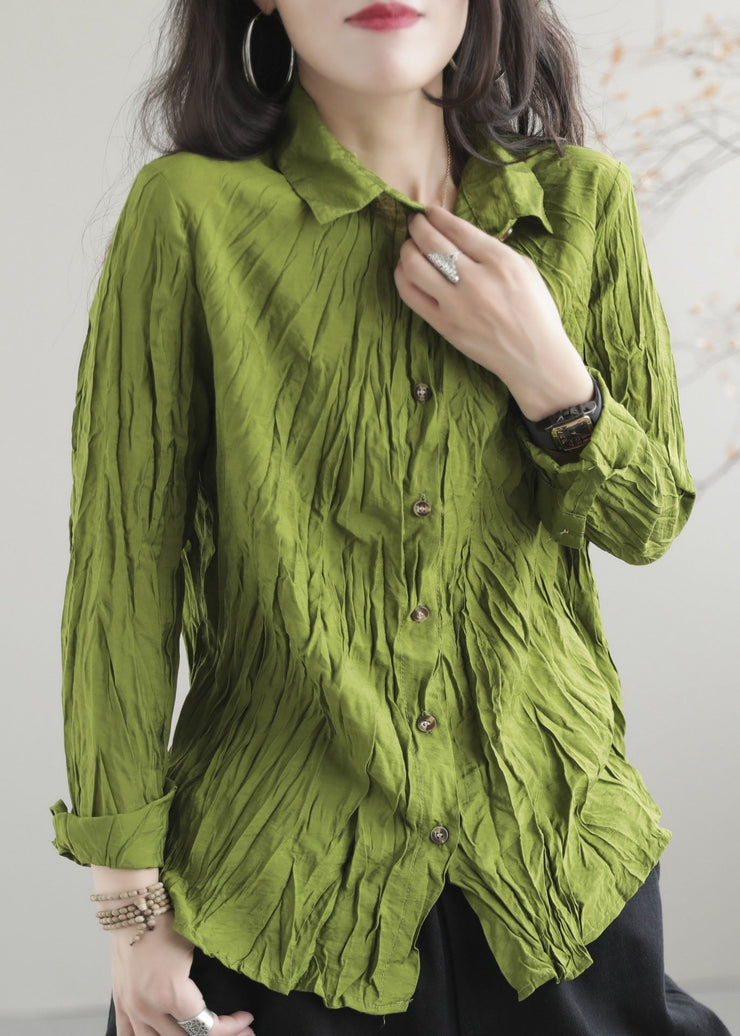 Boutique Green Peter Pan Collar Wrinkled Patchwork Cotton Shirt Top Spring