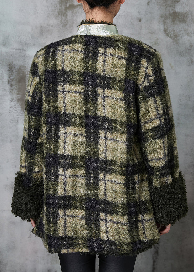 Boutique Green Plaid Oriental Faux Fur Jacket Spring