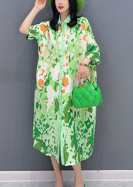 Boutique Green Print Button Party Long Shirts Dress Sunmer