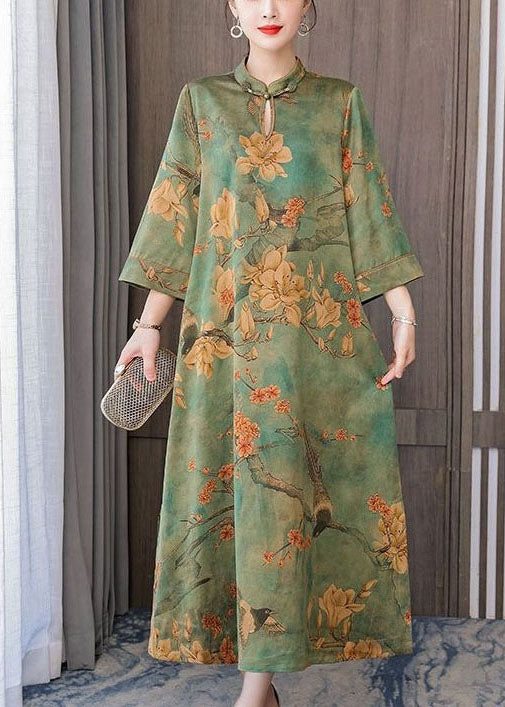 Boutique Green Print Chinese Button Silk Long Dress Bracelet Sleeve