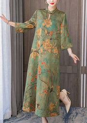 Boutique Green Print Chinese Button Silk Long Dress Bracelet Sleeve