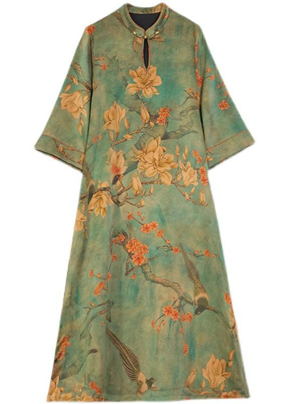 Boutique Green Print Chinese Button Silk Long Dress Bracelet Sleeve