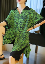 Boutique Green Print Patchwork Low High Design Chiffon Shirt Top Summer