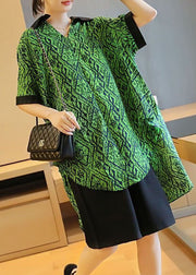 Boutique Green Print Patchwork Low High Design Chiffon Shirt Top Summer