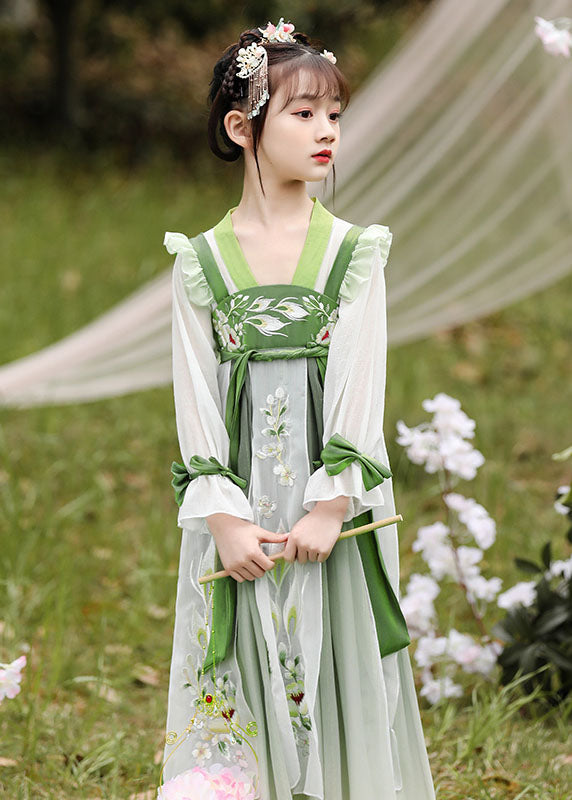 Boutique Green Ruffled Embroideried Patchwork Chiffon Kids Girls Dress Long Sleeve