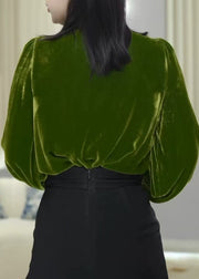 Boutique Green Ruffled Floral Velour Blouse Tops Fall