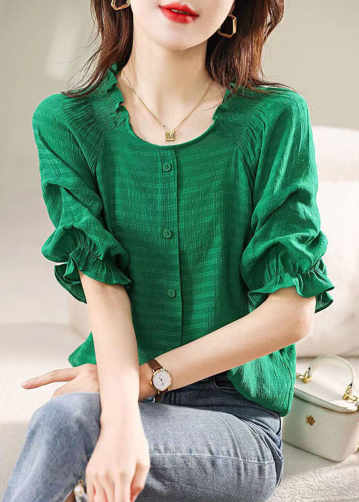 Boutique Green Ruffled Patchwork Chiffon Shirts Tops Summer