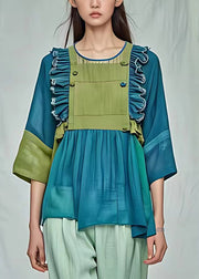 Boutique Green Ruffled Wrinkled Patchwork Shirt Full