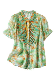 Boutique Green Stand Collar Print Ruffled Neck Tie Silk Top Summer