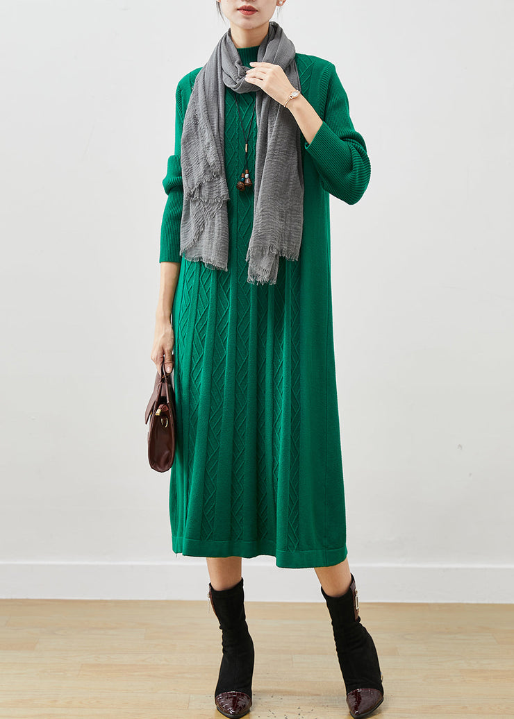 Boutique Green Stand Collar Wrinkled Knit Dress Winter