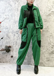 Boutique Green Stand Collar Zippered Warm Fleece Corduroy Coats And Pants Two Pieces Set Winter