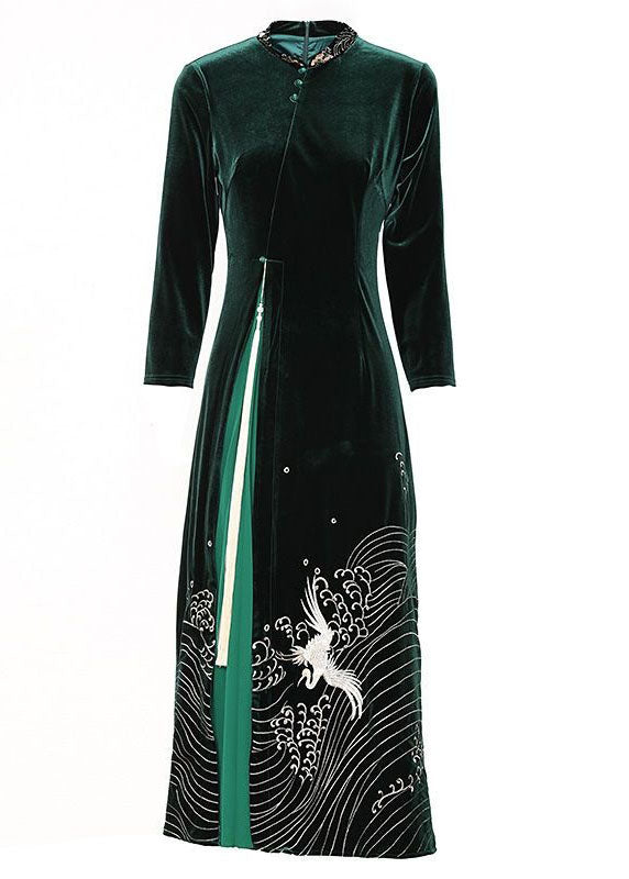 Boutique Green Tasseled Embroideried Patchwork Velour Dresses Spring