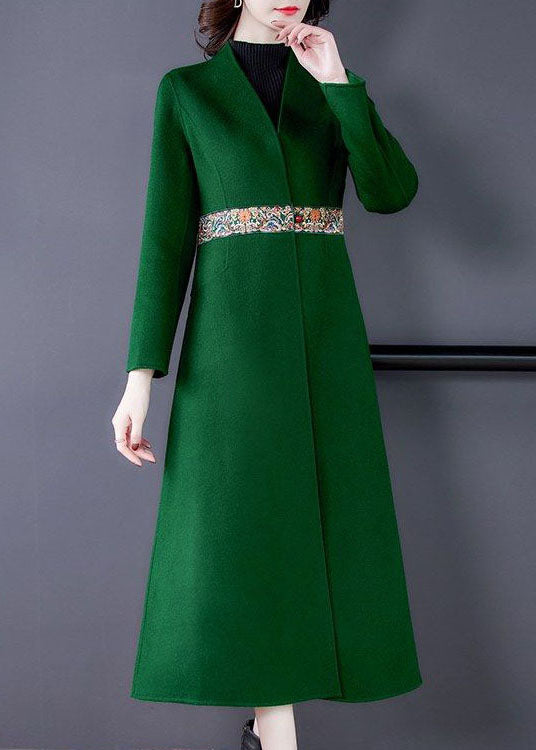 Boutique Green V Neck Embroideried Slim Fit Woolen Trench Winter