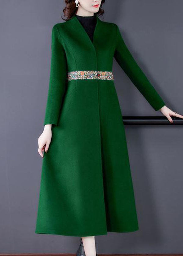 Boutique Green V Neck Embroideried Slim Fit Woolen Trench Winter