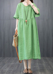 Boutique Green V Neck Patchwork Linen Robe Dresses Butterfly Sleeve