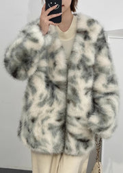 Boutique Green V Neck Print Leather And Fur Coats Winter