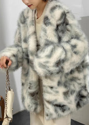 Boutique Green V Neck Print Leather And Fur Coats Winter