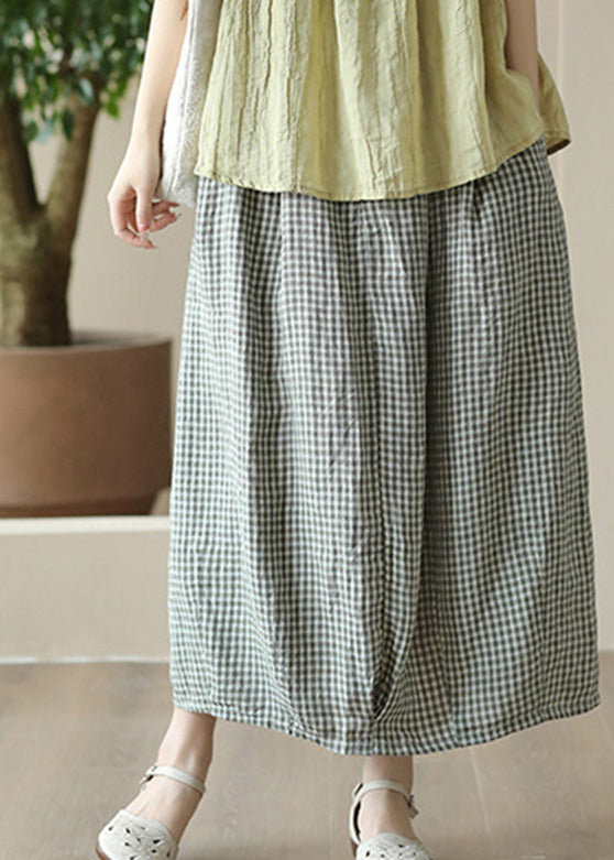 Boutique Grey Green Plaid Elastic Waist Linen Maxi Skirt Summer