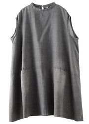 Boutique Grey Stand Collar Patchwork Solid Mid Dress Summer