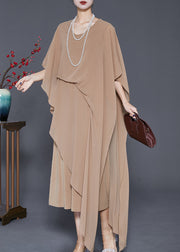 Boutique Khaki Asymmetrical Chiffon Long Dresses Cloak Sleeves