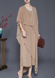 Boutique Khaki Asymmetrical Chiffon Long Dresses Cloak Sleeves