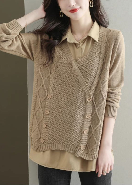 Boutique Khaki Oversized Patchwork Knit Fake Two Piece Tops Fall