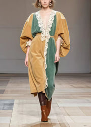 Boutique Khaki Oversized Patchwork Lace Silk Velvet Dresses Spring