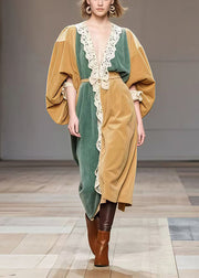 Boutique Khaki Oversized Patchwork Lace Silk Velvet Dresses Spring