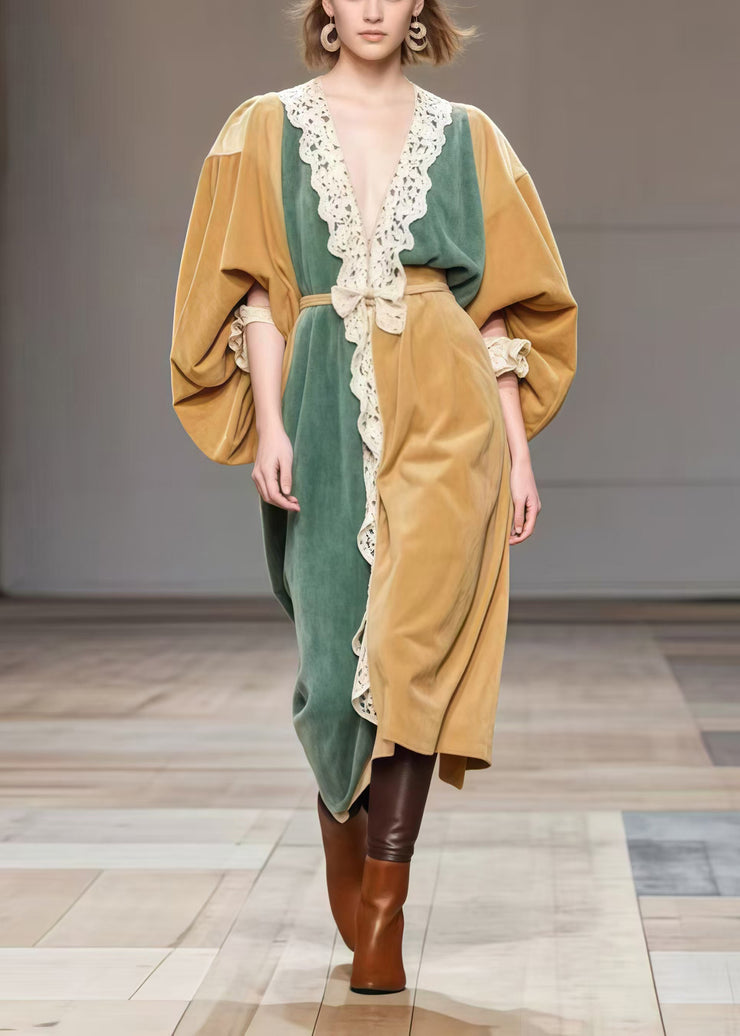 Boutique Khaki Oversized Patchwork Lace Silk Velvet Dresses Spring