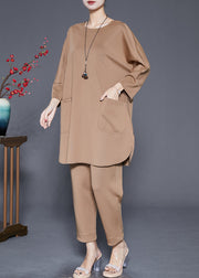 Boutique Khaki Oversized Pockets Cotton Sweatshirt Two Piece Suit Set Fall