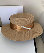 Boutique Khaki Pearl Straw Woven Beach Floppy Sun Hat