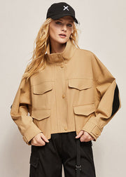 Boutique Khaki Stand Collar Oversized Patchwork Cotton Jacket Spring