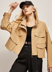 Boutique Khaki Stand Collar Oversized Patchwork Cotton Jacket Spring