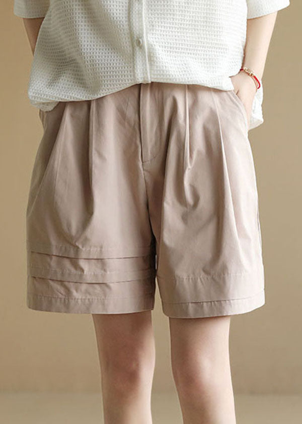 Boutique Light Pink Elastic Waist Wrinkled Pockets Cotton Shorts Summer