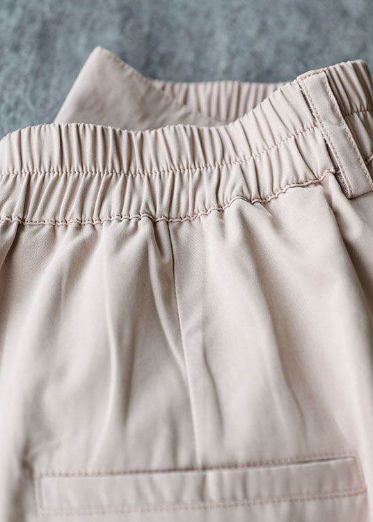 Boutique Light Pink Elastic Waist Wrinkled Pockets Cotton Shorts Summer