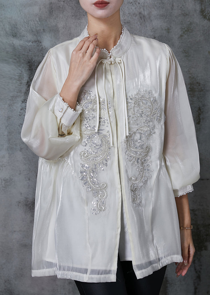 Boutique Milk White Sequins Chiffon Oriental Shirts Summer