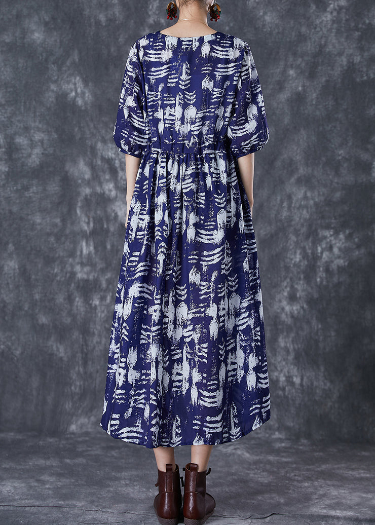 Boutique Navy Cinched Print Linen Vacation Dresses Summer