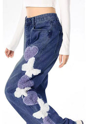 Boutique Navy Heart Embroideried Pockets Denim Wide Leg Pants Spring