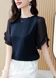 Boutique Navy O-Neck Ruffled Chiffon Shirt Summer