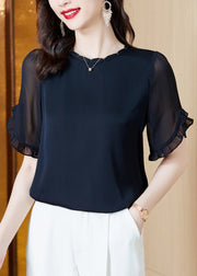 Boutique Navy O-Neck Ruffled Chiffon Shirt Summer