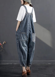 Boutique Navy Oversized Patchwork Denim Strap Jumpsuit Spring