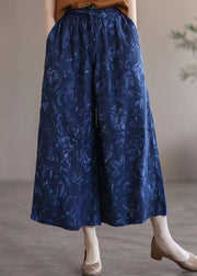 Boutique Navy Print Pockets Patchwork Cotton Wide Leg Pants Summer