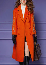 Boutique Orange Embroideried Tie Waist Patchwork Woolen Long Coat Fall