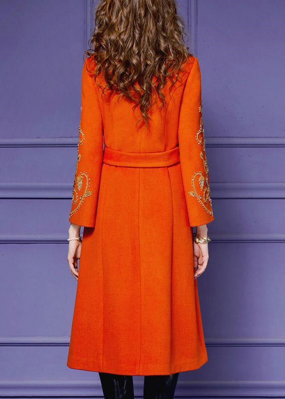 Boutique Orange Embroideried Tie Waist Patchwork Woolen Long Coat Fall