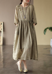 Boutique Orange O-Neck Cinched Patchwork Solid Linen Long Dress Summer