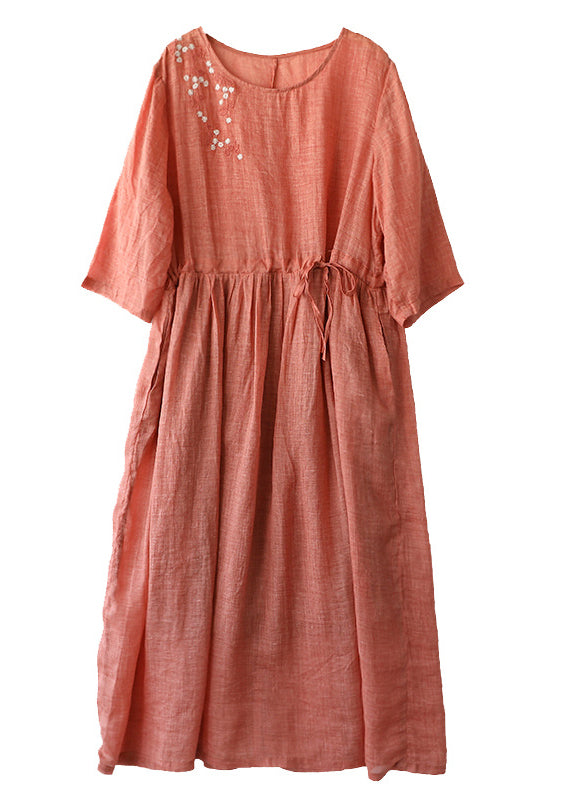 Boutique Orange O-Neck Cinched Patchwork Solid Linen Long Dress Summer