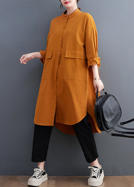 Boutique Orange Stand Collar Pockets Cotton Maxi Dress Fall